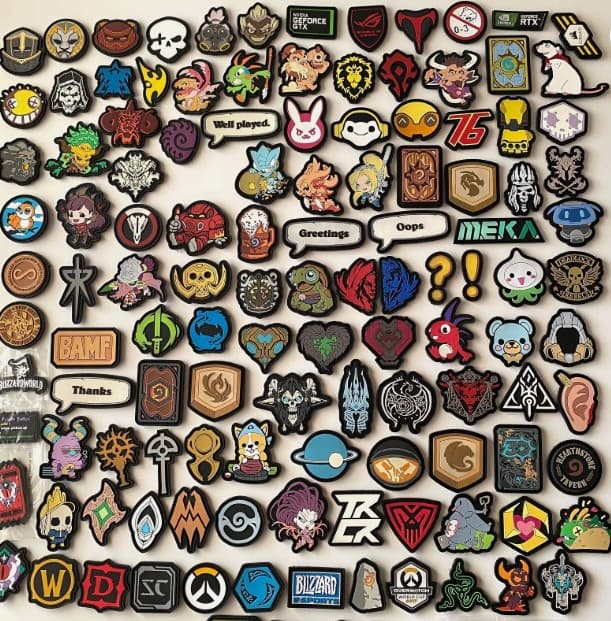 Collection of Blizzard Velcro patches featuring characters, logos, games, and event designs